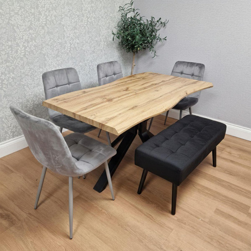 Wooden Dining Table with 4 Chairs and 1 bench Dining Kitchen Room Furniture, 75"H x 140"L x 80"W, Grey/Black