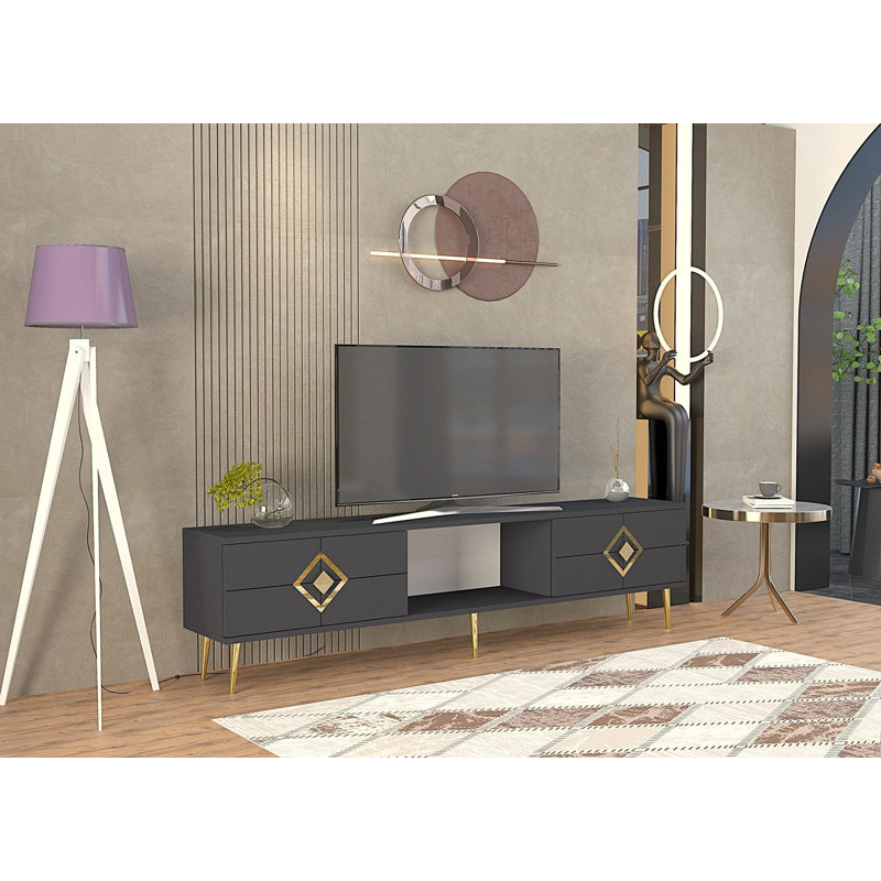 Meuble télé moderne avec option de fixation murale, anthracite et or, 59,1 po x 15,9 po x 11,6 po | 100% panneau de particules enduit de mélamine, épaisseur: 0,7 pouce | Design élégant pour le salon et les espaces de divertissement