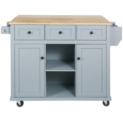 Kitchen Cart With Rubber Wood Drop-Leaf Countertop ,Cabinet Door Internal Storage Racks,Kitchen Island On 5 Wheels With Storage Cabinet And 3 Drawers