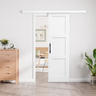 Panneau coulissant prêt à installer à 3 panneaux avec porte cachée et porte de grange blanche prête à installer avec quincaillerie d'installation et poignée ronde