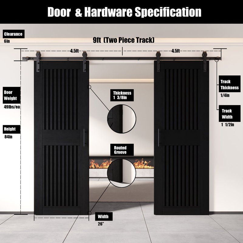 Ensemble de quincaillerie pour porte de grange en acier non assemblé et fini 26 po x 84 po Homacer Black Homacer, 26" x 84"