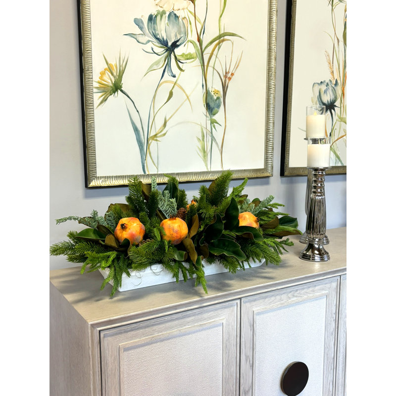 Holiday Arrangement with Evergreens, Pinecones and Pomegranates