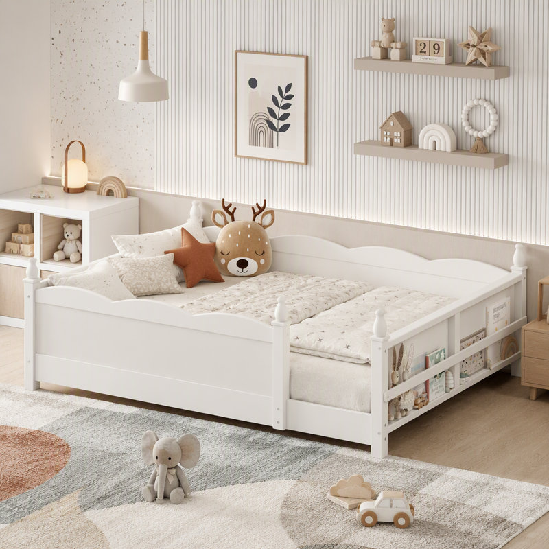 Lit double Montessori avec garde-corps et bibliothèque, Double, Beige