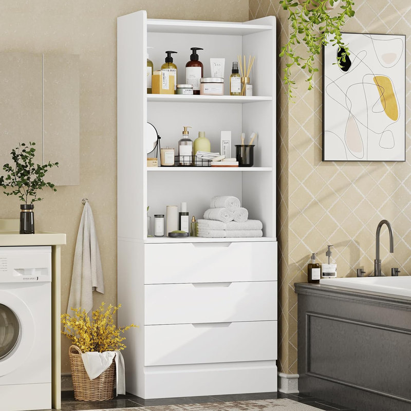 73.23'' Tall Storage Cabinet Bookcase with 3 Drawers and 3-Tier Open Shelves Wooden Bookshelf Kitchen Pantry Storage Organizer Cabinets for Living Room, Study, Kitchen,Bathroom,White
