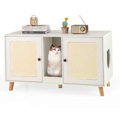 43" Cat Litter Box Enclosure for 2 Cats w/ Double Rooms 2 Sisal Scratching Mats