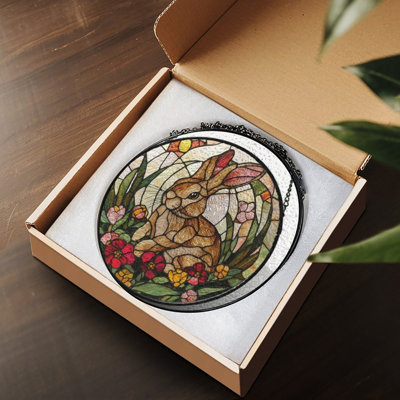 Stained Glass Style Rabbit Surrounded By Colorful Stained Glass Panels Suncatcher for Window Decor