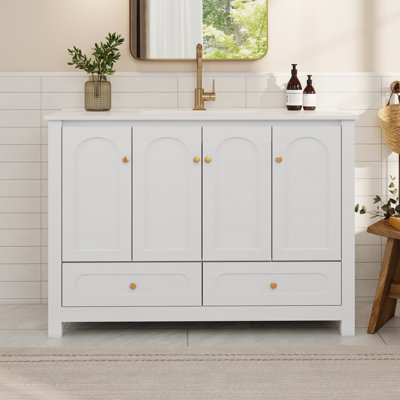 Ensemble de meuble-lavabo 48 po avec lavabo en céramique, armoire de rangement abondante, 4 portes à fermeture douce et 2 tiroirs