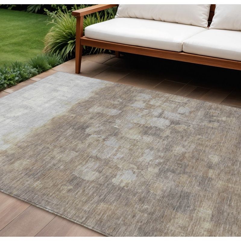 Taupe And Silver Abstract Washable Indoor Outdoor Area Rug, Rectangle 8' x 10'