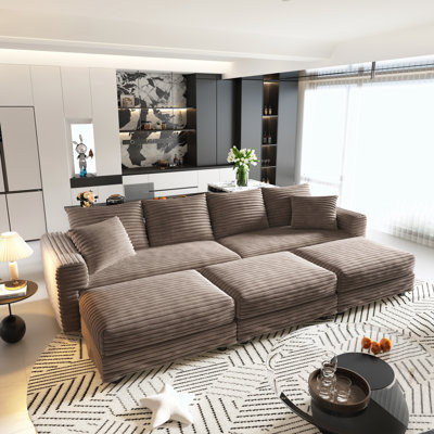 Canapé 102,4 po en velours côtelé 102,4 po, canapé-lit moderne confortable, siège rembourré à assise profonde avec coussins moelleux et 3 repose-pieds, méridienne convertible, chameau