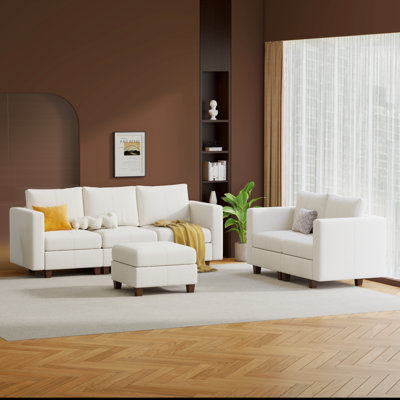  Modular Sectional Sofa With Storage Ottoman, Modern Upholstered Comfy Sofa Sectional Couches For Living Room,Bedroom,Loveseat Sofa With 3 Seater Couch And 1 Ottoman, Chenille In White