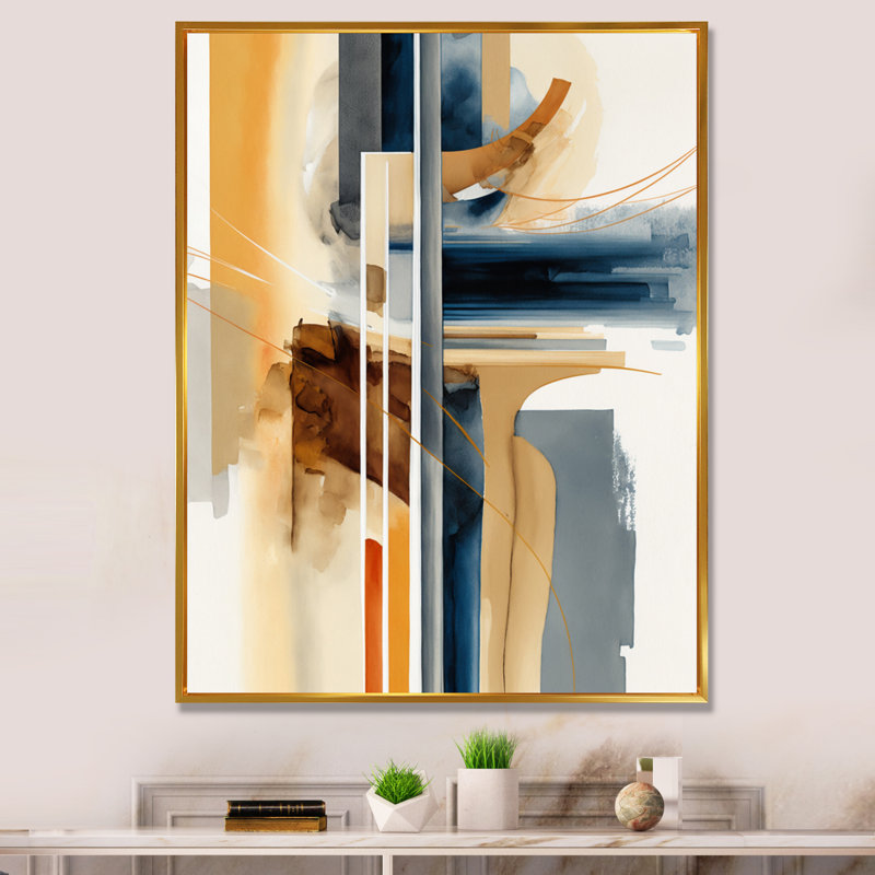 Art moderne sur toile moderne bleu et or abstrait II, L 24 po x H 32 po, Cadre flottant doré