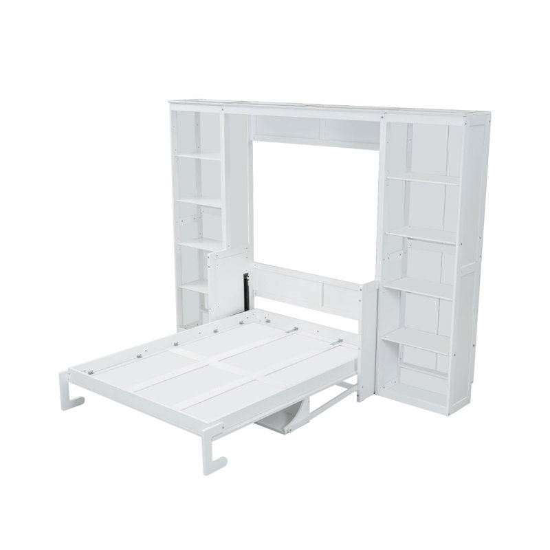 Lit escamotable double avec bureau et bibliothèque, blanc, Lit double