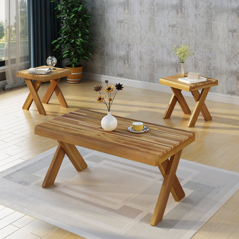 3 - Piece Solid Wood Living Room Table Set, Sandblast Teak