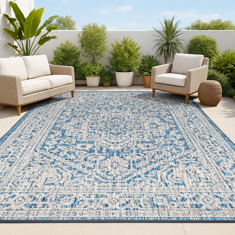 Bungalow Rose Moten Medallion Textured Weave Navy/Gray Indoor/Outdoor ...