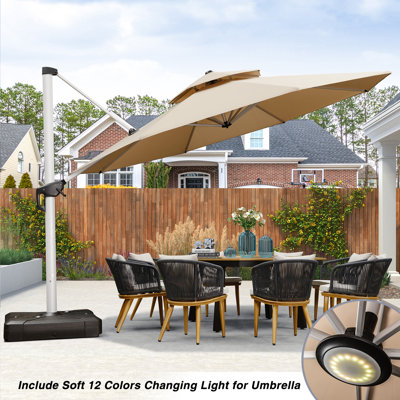 13 Feet Outdoor Double Top Ronud Deluxe Lighted Cantilever Umbrella With Base,Beige