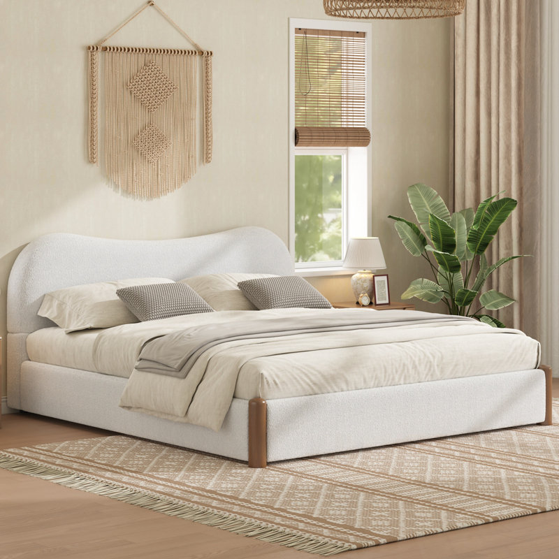 Très grand lit tapissier avec pieds en bois Lansvale, Blanc