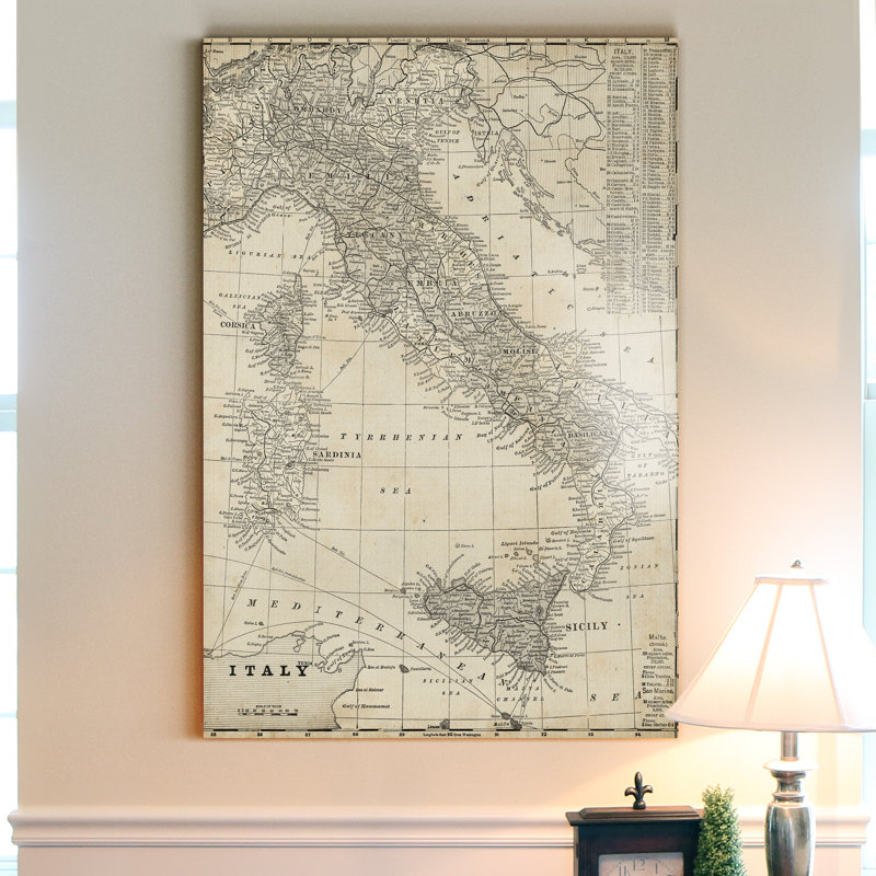 Carte antique de l'Italie - reproduction sur toile tendue, H 27 po x l 18 po x P 1 po