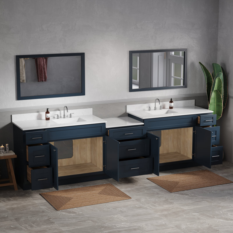 Plateau de meuble-lavabo double en bois massif avec tiroir à queue d'aronde et comptoir Carrara, 121", Bleu