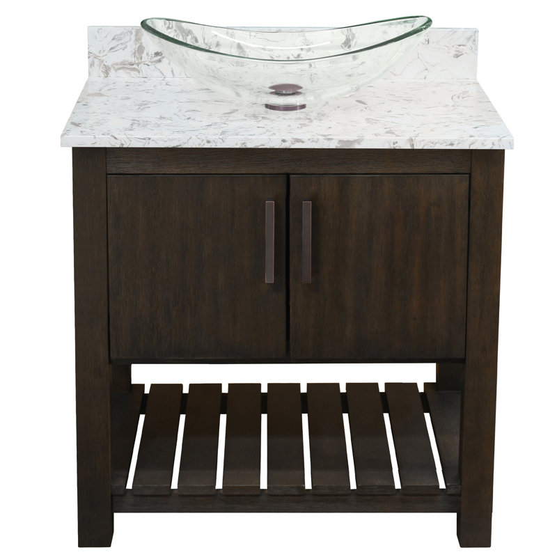 Meuble-lavabo de 30 po avec comptoir en quartz café moka et lavabo, quincaillerie et miroir en bronze huilé