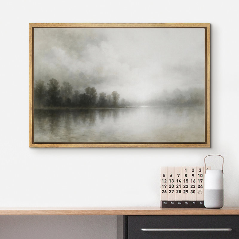 «Bright Misty Forest Lake with Morning Light Reflection», reproduction d'art sur toile encadrée dans la chambre principale