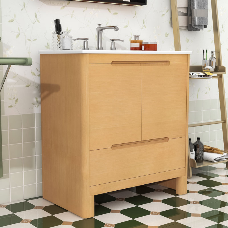 Modern Bathroom Vanity with Soft-Closing Storage, Adjustable Shelf and Durable Ceramic Sink, Oak