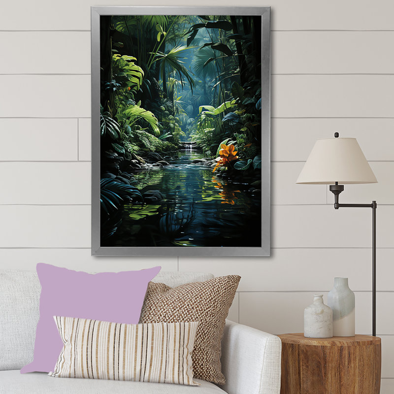 Jungle Palm Trees Azure Archway sur toile, Encadrement argenté, H 32 po x l 16 po x P 1 po
