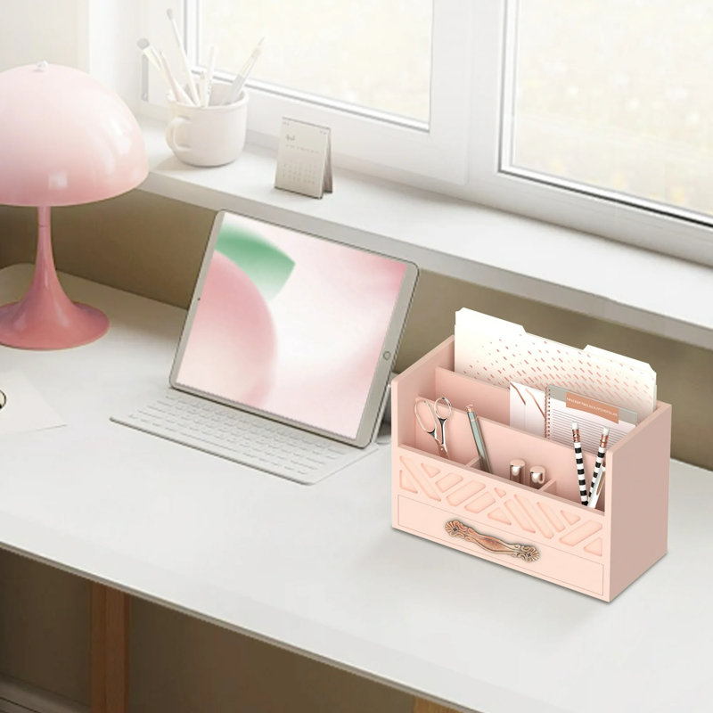 Organisateur de bureau en bois avec tiroir, support de courrier de bureau avec 5 compartiments, Rose