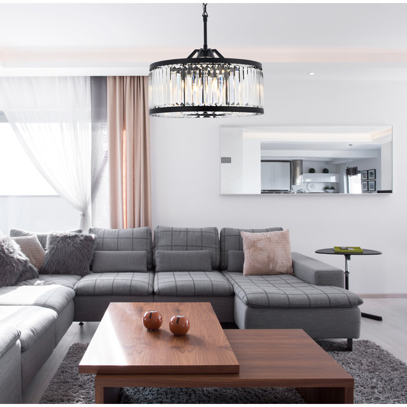 Lustre tambour 8 lumières Dorinda, Noir mat, Transparent