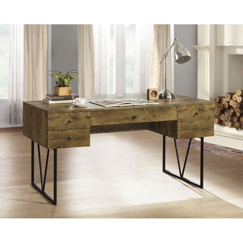 Bureau d'écriture en bois manufacturé à 4 tiroirs Fallon, Muscade rustique