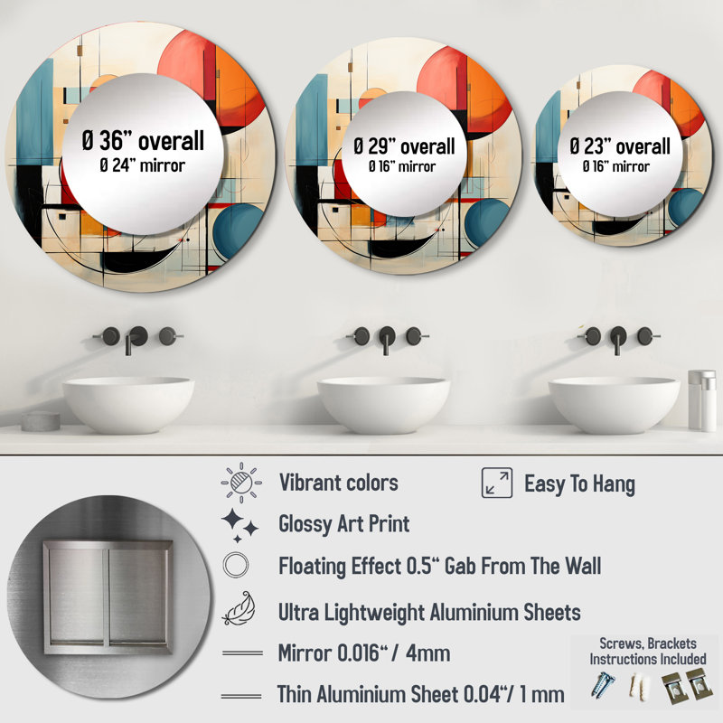 Coloré Mid Century Dynamic Duality II - miroir décoratif moderne de style Mid-Century, miroir mural rond de style Mid-Century, impression d'art en métal
