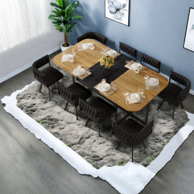 Ensembles de table de salle à manger modernes avec chaises en velours noir, table à grain de bois non extensible pour les réunions de famille