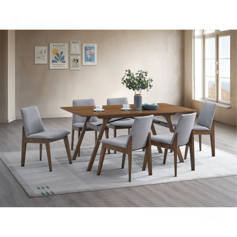 Casual Dining Furniture Set 7Pc Walnut Finish Dining Table And Upholstered Chairs Wooden Kitchen Set