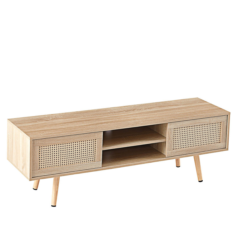 Rattan Tv Cabinet With Variable Color Light Strip, Double Sliding Doors, Tv Console, Natural