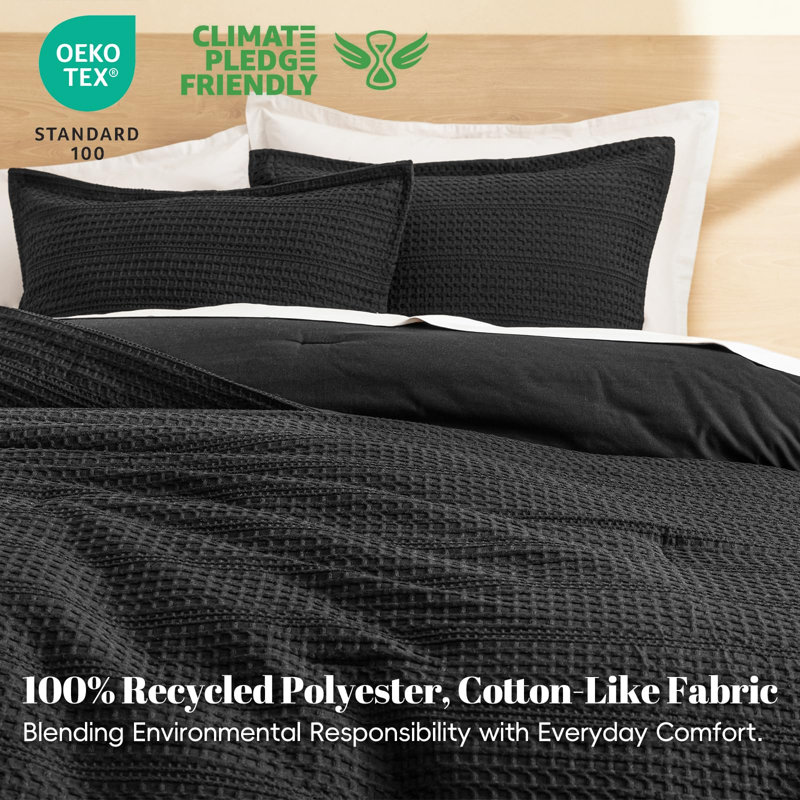 PHF Soft Waffle Comforter Set, Comfy Breathable Lightweight Textured Waffle Weave Comforter Bedding Set, Black