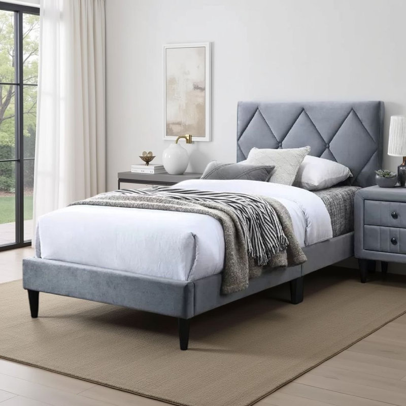 Griseldis Upholstered Unfinished Slat Bed, Navy Blue, Full