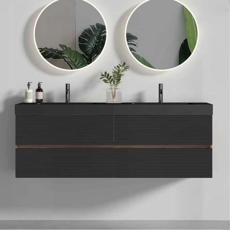 Grace 60" Walnut Bathroom Vanity With Matt Black Engineered Quartz Sink And Soft Black Drawers, Wall Mounted Floating Bathroom Vanity For Modern Bathroom, Without Drainage And Faucet, Pre-Assembled