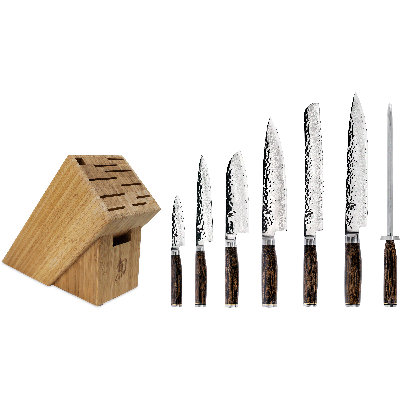 Shun Premier 8 Piece Professional Block Set, Includes 8" Chef, 4" Paring, 6.5" Utility, 9" Bread, 5.5” Santoku & 9.5” Slicing Knives, Handcrafted Japanese Knife Set, Pakkawood Handles