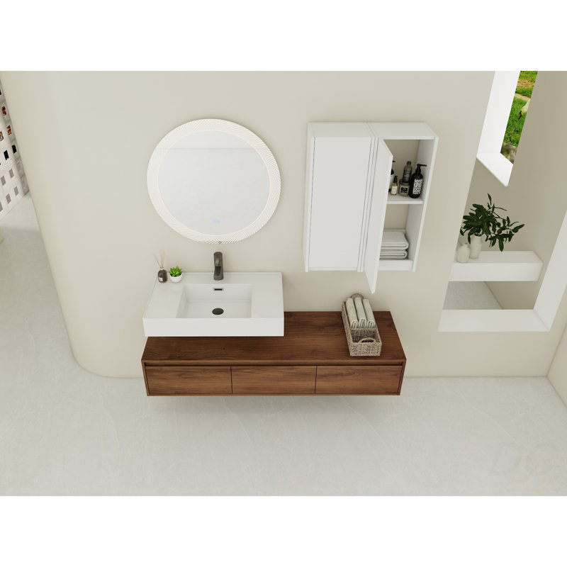 Meuble-lavabo mural 60 po avec lavabo en résine et armoire à 2 côtés, 3 tiroirs à fermeture en douceur, montage mural