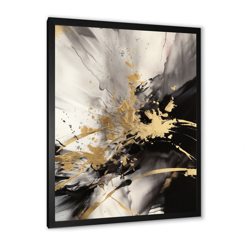 Or et gris fluides fusion II - art mural abstrait, H 20 po x l 12 po x P 1 po, Cadre simple noir