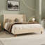 Lit plateforme tapissier moderne en velours beige avec tête de lit à oreilles et pieds en bois de noyer, sans sommier tapissier, très grand-457701284-457701287