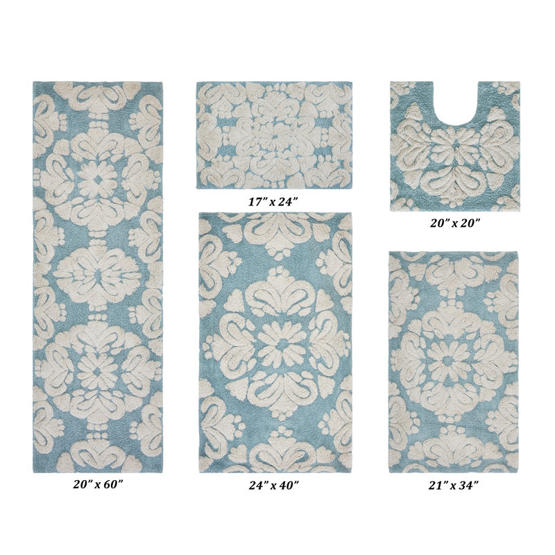 Chemash Premium 100% Cotton 1885 GSM 5-Piece Bath Rug Set, OEKO-TEX® Certified, Non-Slip Spray Latex Backing, Plush Tufted Bath Mats & Contour Rug for Shower, Bathtub, Vanity, Sink & Toilet Areas, Super Absorbent, Machine Washable, Blue