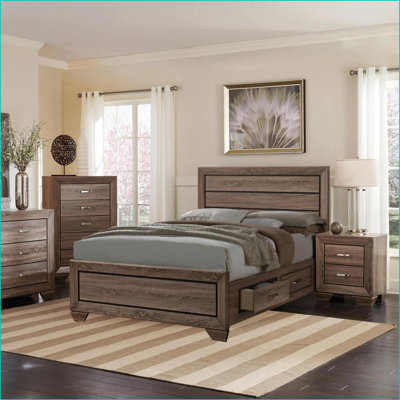 Grand lit de rangement taupe délavé avec structure en bois franc asiatique et 4 tiroirs sous le lit pour la chambre à coucher