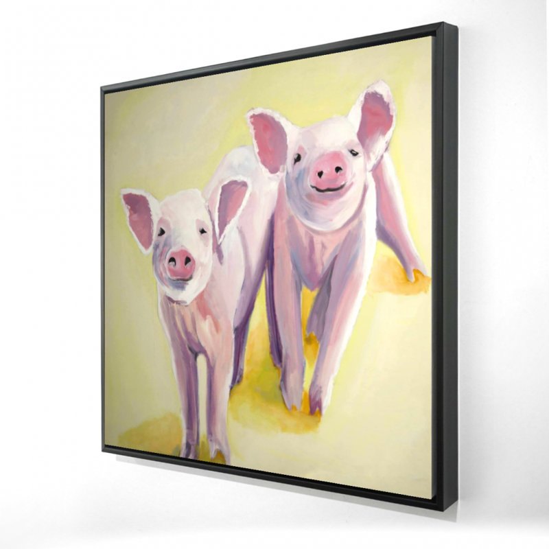 Two Smiling Pigs - Farm Animals Yellow Framed Canvas Decor
