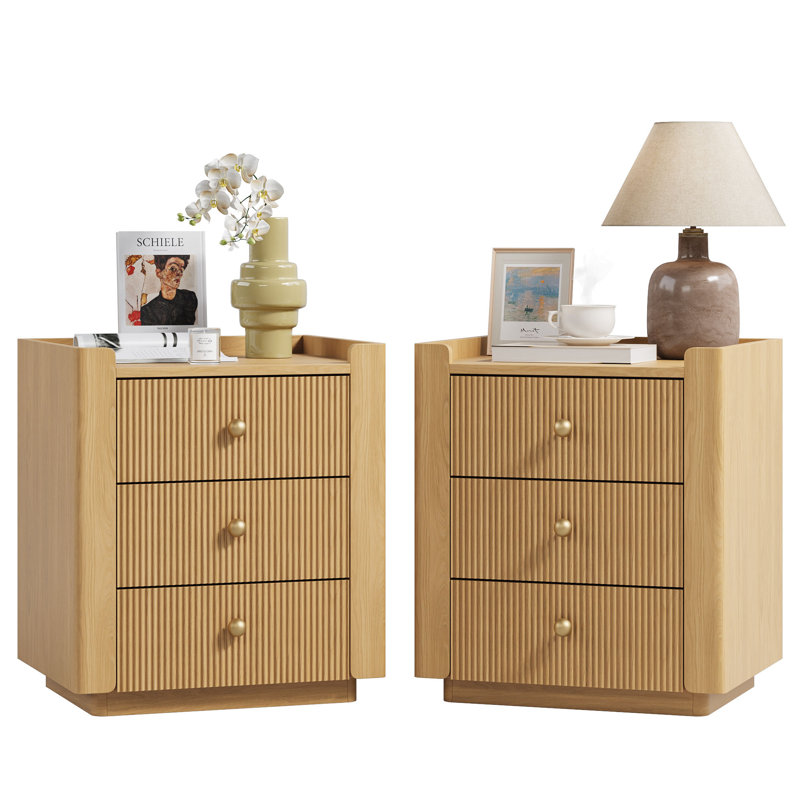 Avalie Fluted 3-Drawer Nightstand Set of 2, Bedside Table with Rounded Edges, Set of 2
