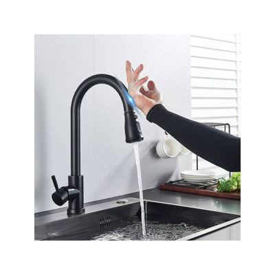 Touch On Kitchen Sink Faucet, Matte Black High Arc Pull Down Sprayer Faucet, Single Handle 360 Degree Rotation Water Tap for Kitchen Sink