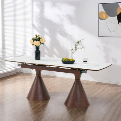Extendable Stone-Top Dining Table with Marble-Pattern Surface and Dual Pedestal Base for 4-8 People