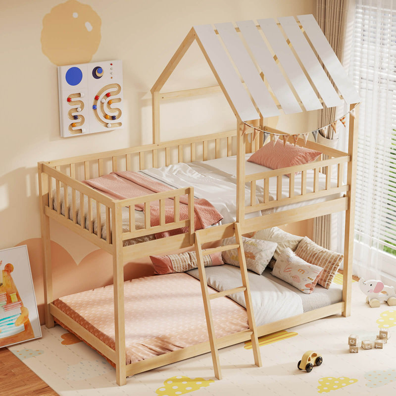 Twin Over Twin House Bunk Bed with Roof, Ladder & Full-length Guardrails for Kids Natural, Brown/White