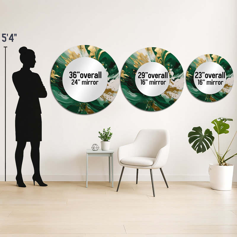 Vert et or Serene Cascade II - miroir abstrait, miroir mural rond vert unique, impression sur métal, 29 po x 29 po