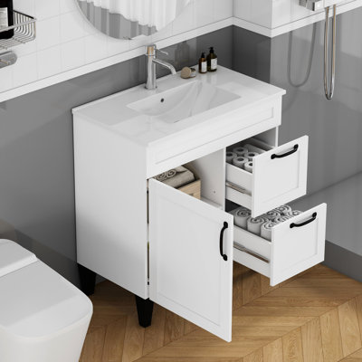 31,5 po, tout en un, meuble-lavabo, lavabo, lavabo en céramique, 1 porte, 2 tiroirs, charnière à fermeture en douceur, salle de bain fonctionnelle, lavabo blanc, couleur, poignée en métal noir, pieds, convient aux petits