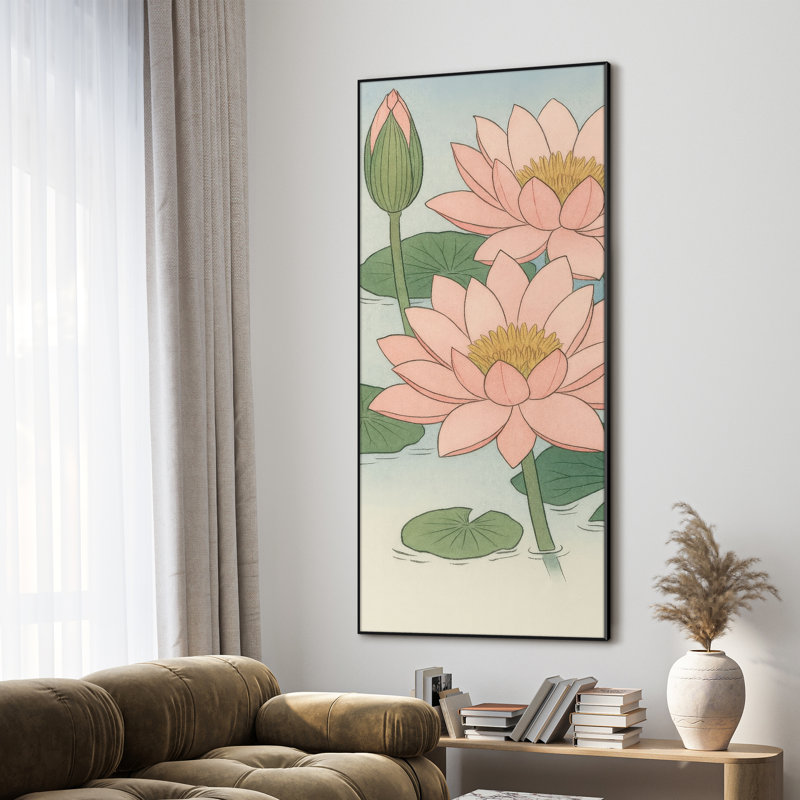 Très grande reproduction d'art sur toile - Fleurs de lotus roses au-dessus de l'eau, décoration pour salon ou chambre à coucher - «Assemblage requis du cadre (cadre non fini)»